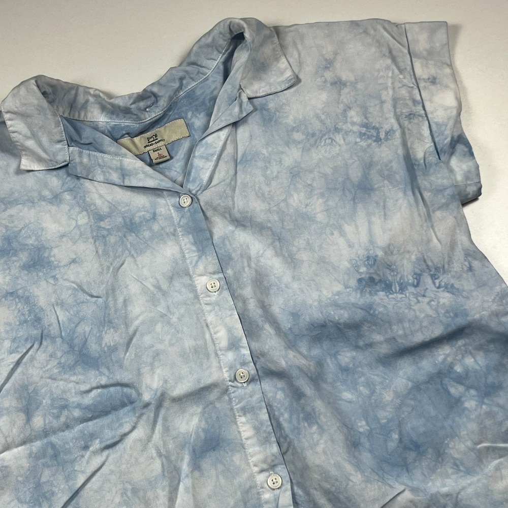Thread Supply Tie Dye Lyocell Button Down Shirt Size S Indigo Splash Cap Sleeve